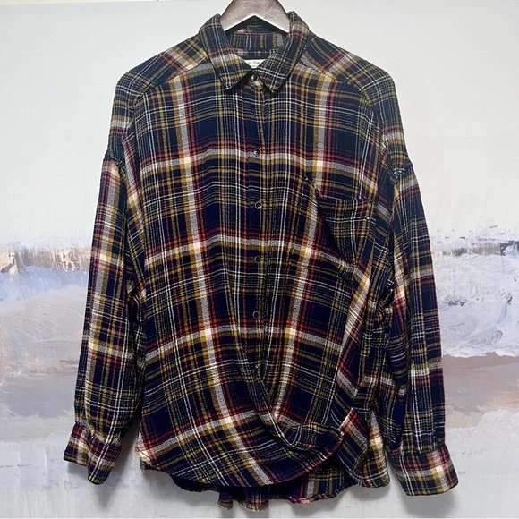 WE THE FREE PEOPLE Blue Plaid Flannel Shirt RIVETED Womens S Button Up Oversized - Picture 1 of 16